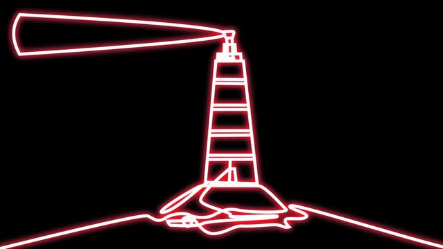 Neon lighthouse in one line. A symbol of hope and salvation. A marine structure with plywood. Animation of a shining neon lamp on a black background. Stock video with alpha channel.