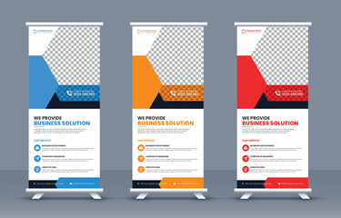 Corporate Rollup banner stand template design, modern portable stands business roll-up banner layout polygon background, vector illustration, business flyer, brochure - obrazy, fototapety, plakaty