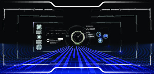 Blue Virtual reality space. Futuristic VR frame, Head-up Display Design. Sci-Fi Helmet HUD UI. Futuristic Technology. Cockpit of futuristic autonomous car. High tech screen. GUI design for video games