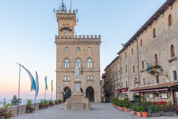 Sunrise view of the Palazzo Pubblico (Public Palace) - town hall of the City of San Marino situated...