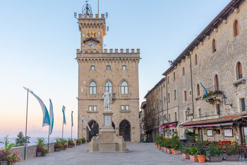 Sunrise view of the Palazzo Pubblico (Public Palace) - town hall of the City of San Marino situated on piazza della liberta.