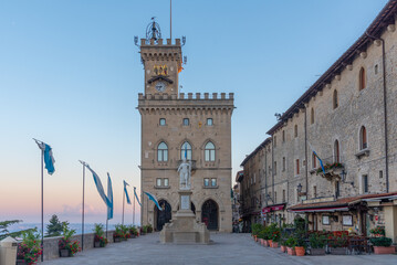 Sunrise view of the Palazzo Pubblico (Public Palace) - town hall of the City of San Marino situated...