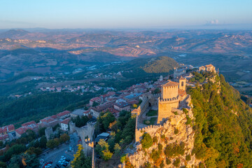 Aerial view of San Marino with Torre Guaita