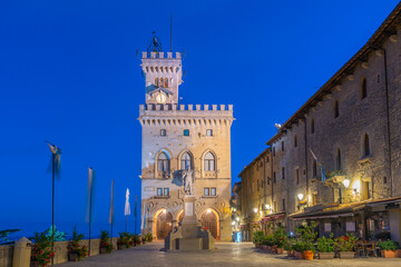 Sunrise view of the Palazzo Pubblico (Public Palace) - town hall of the City of San Marino situated...