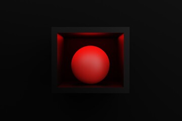 A red sphere in a frame illuminated by red light on a black background. Concept of abstract figures as a background. 3D rendering, 3D illustration.