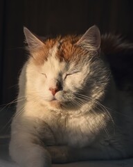 Portrait of a nice pet. Cat is muzzle lit by the morning sun.