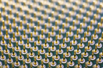 Fototapeta premium cpu gold pins microchip processor legs computer component technology. Macro photography Central processing unit - computing