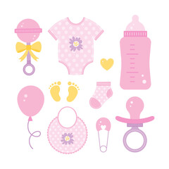 Set of design elements for girl baby shower. Flat vector illustration.