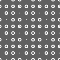 Naklejka premium Vector illustration. Geometric seamless pattern. Solid dots and rhombus-shaped linear circles. Spotted gray and white background. Simple black and white abstract pattern.