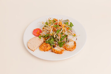 Banh Cuon, vietnamese steamed rice rolls with minced meat inside, Vietnamese food isolated on white background, perspective view