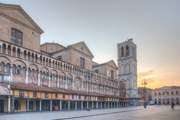 Sunrise view of the cathedral in Italian town Ferrara