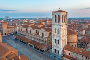 Sunrise aerial view of Piazza Trento e Triste in Italian town Ferrara