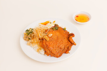 Com Tam. Broken Rice with grilled pork ribs,  egg pie, fish sauce , Vietnamese food isolated on white background, perspective view