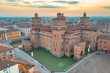 Aerial view of Castello Estense in the Italian town Ferrara