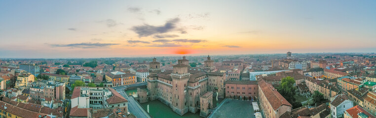 Aerial view of Castello Estense in the Italian town Ferrara