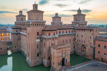 Aerial view of Castello Estense in the Italian town Ferrara