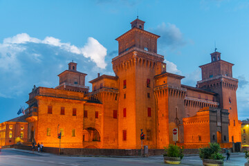 Sunset view of Castello Estense in the Italian town Ferrara
