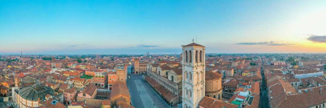 Sunrise aerial view of Piazza Trento e Triste in Italian town Ferrara