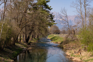 Fototapeta na wymiar Pretty park with a little river in Vaduz in Liechtenstein
