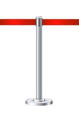 Retractable belt rack. Portable tape barrier. Red tape for fencing. Red carpet with red ropes on silver supports. Exclusive event, movie premiere, gala concert, awards ceremony.