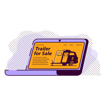 recommend clip art: Rv camper trailer purchase.Truck camper sale.Travel trailers.Motorhome caravan car laptop website.Website banner concept. Line art vector illustration.