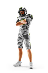 Brutal an American football player stands in white background. Arms-standing. Sports emotions © Ruslan Shevchenko