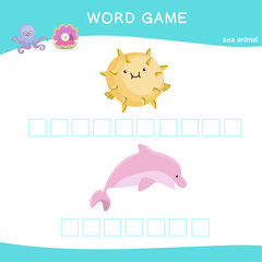 Word game worksheet. Complete animals name worksheet. Preschool worksheet. Educational spelling printable game worksheet. Vector illustration.