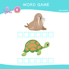Word game worksheet. Complete animals name worksheet. Preschool worksheet. Educational spelling printable game worksheet. Vector illustration.
