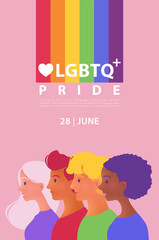 LGBTQ plus PRIDE vector poster with portraits of diverse people for LGBT rights and movements