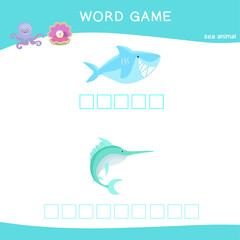 Word game worksheet. Complete animals name worksheet. Preschool worksheet. Educational spelling printable game worksheet. Vector illustration.