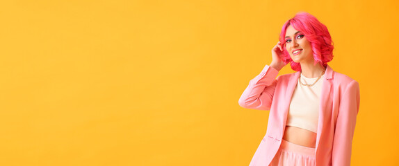 Stylish woman with bright pink hair on yellow background with space for text