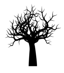 Black Tree with Roots. Vector outline Illustration.