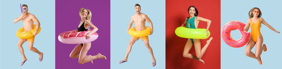 Set of jumping people with inflatable rings on color background