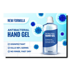 Antibacterial Hand Gel Promotion Poster Vector. Antibacterial Hand Gel Blank Bottle With Pump And Germs On Advertising Banner. Disinfectant For Killing Bacteria Style Concept Template Illustration