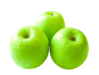 Three fresh green granny smith apples isolated on white.