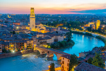 Sunset over Adige riverside in verona with church san giorgio in braide and cathedral santa maria matricolare - obrazy, fototapety, plakaty