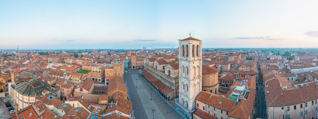 Sunrise aerial view of Piazza Trento e Triste in Italian town Ferrara