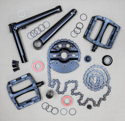 BMX bicycle replacement parts frame pedal hub transmission gear bearing cranks chain close up