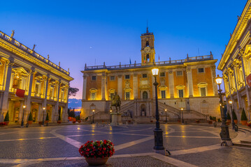 Sunrise view of Senatorial Palace at Capitoline hill in Rome, Italy