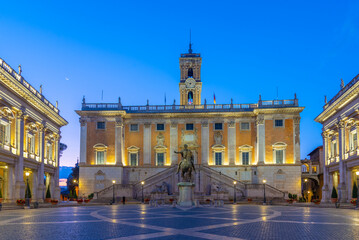 Sunrise view of Senatorial Palace at Capitoline hill in Rome, Italy