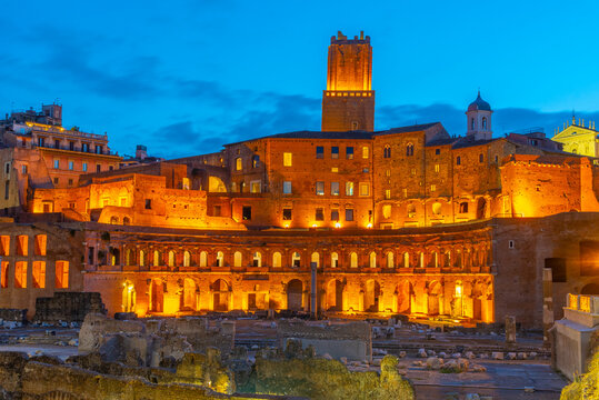Sunrise view of Foro Traiano in Rome, Italy