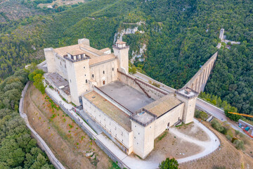 Aerial view of Rocca Albornoziana castle in Spoleto, Italy