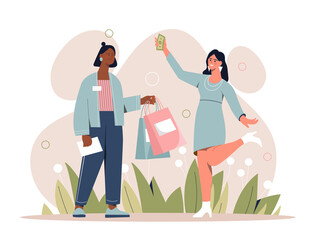 Customer and seller. Young grl holds out packages to another woman in exchange for money. Clothing sales and modern marketing. Shopping metaphor and home delivery. Cartoon flat vector illustration