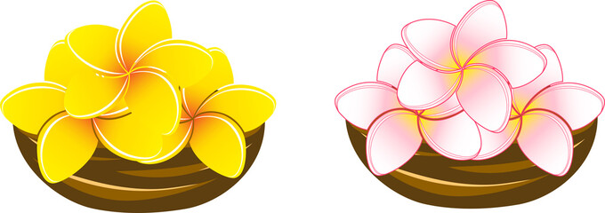 木の器に飾りつけたプルメリアの花のイラスト