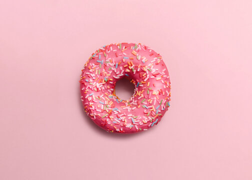 Donut. Flat lay photo in minimal style. Pink glazed doughnut with sprinkles on pastel pink backdrop