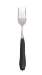 Stylish stainless steel fork on white background