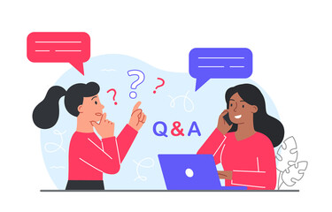 Online support concept. Girl at laptop answers clients questions. Modern technologies and digital world. Information and assistance to clients, customers assistant. Cartoon flat vector illustration