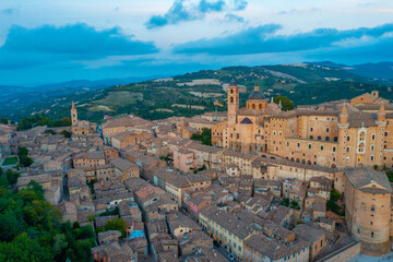 Sunset view of the cityscape of Urbino, Italy