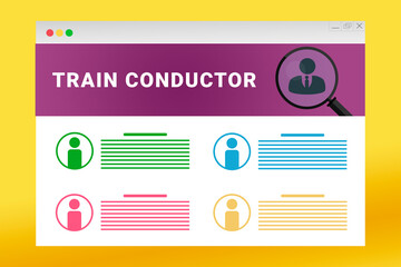 Train conductor logo in header of site. Train conductor text on job search site. Online with Train conductor resume. Jobs in browser window. Internet job search concept. Employee recruiting metaphor