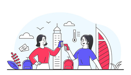 Women with suitcase. Two tourists with backpacks and suitcases on background of city. International travel and vacation. Adventure and flying, girlfriends with maps. Cartoon flat vector illustration